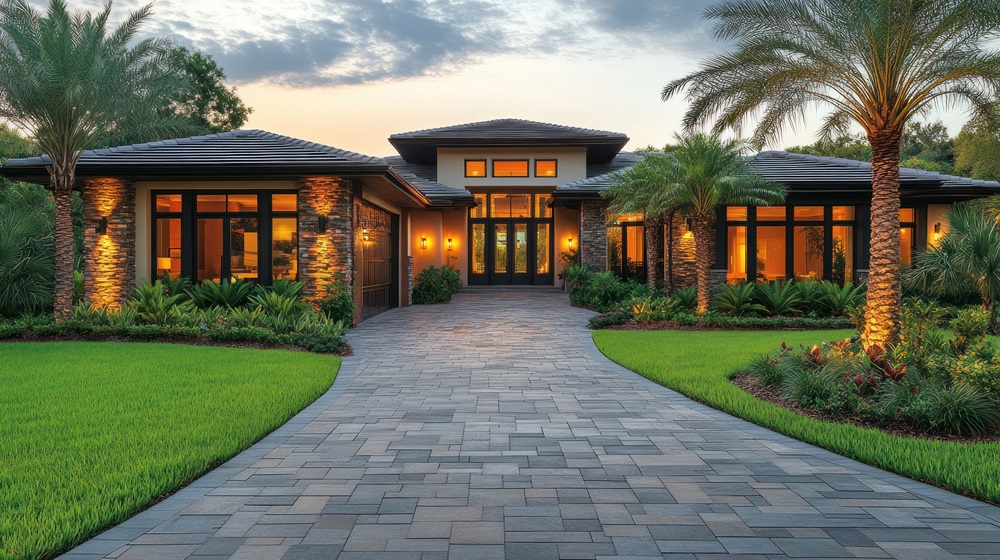 Modern Home Exterior, Evening Dusk, Florida
